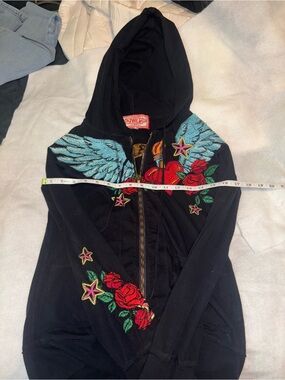 JWLA Black Embroidered Wing & Rose Zip Hoodie